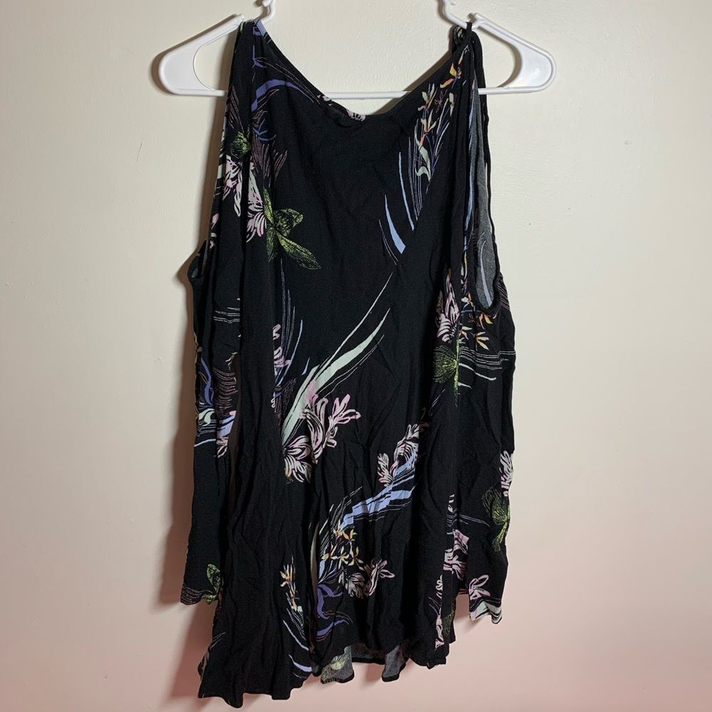 Free People Clear Skies Black Floral Print Cold Shoulder Tunic Mini Dress boho